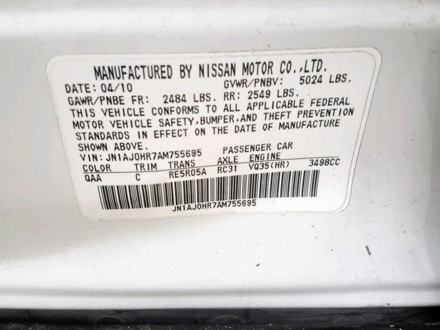 JN1AJ0HR7AM755695 - 2010 INFINITI EX35 BASE WHITE photo 10