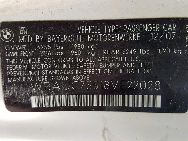 WBAUC73518VF22028 - 2008 BMW 135 I WHITE photo 10