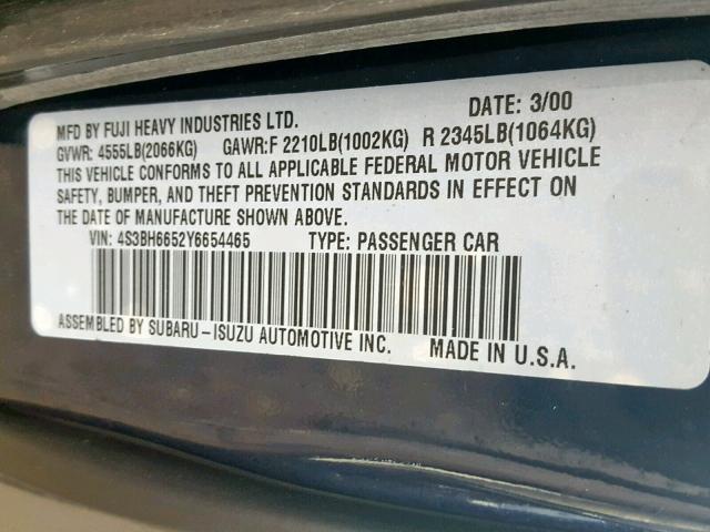 4S3BH6652Y6654465 - 2000 SUBARU LEGACY OUT BLUE photo 10