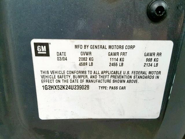 1G2HX52K24U239028 - 2004 PONTIAC BONNEVILLE GRAY photo 10