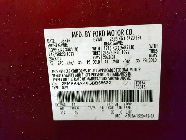 2FMPK4APXGBB58622 - 2016 FORD EDGE SPORT RED photo 10
