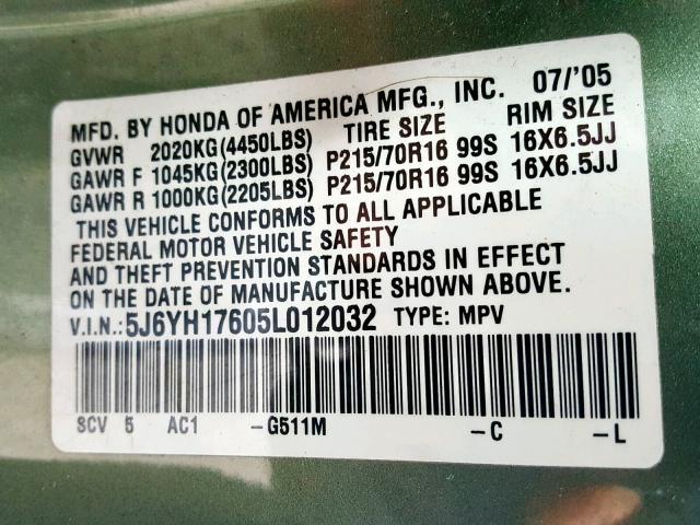 5J6YH17605L012032 - 2005 HONDA ELEMENT EX GREEN photo 10