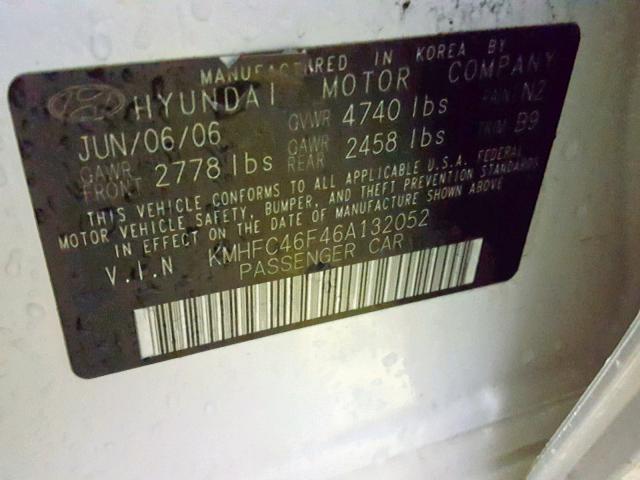 KMHFC46F46A132052 - 2006 HYUNDAI AZERA SE WHITE photo 10