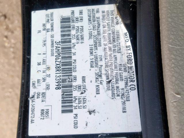 3FAHP06ZX8R133998 - 2008 FORD FUSION S BLACK photo 10