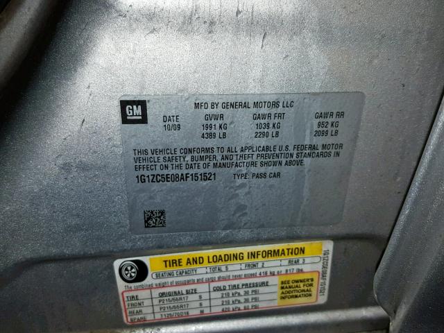 1G1ZC5E08AF151521 - 2010 CHEVROLET MALIBU 1LT SILVER photo 10