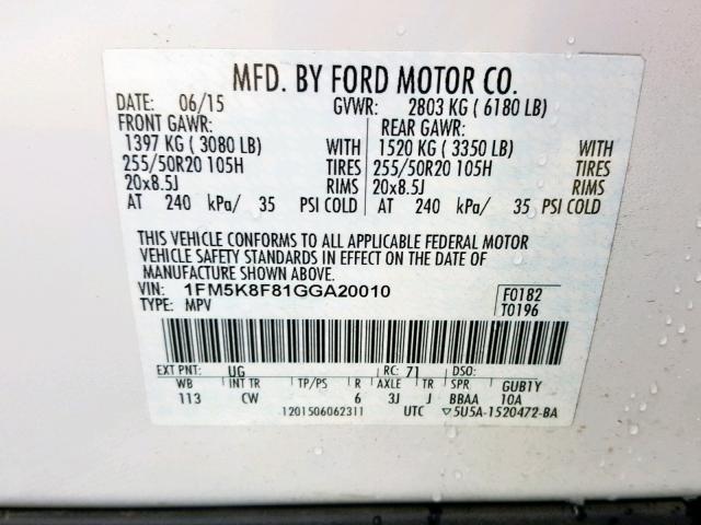 1FM5K8F81GGA20010 - 2016 FORD EXPLORER L WHITE photo 10