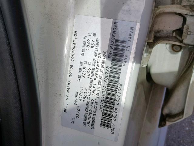 JM1BL1H55A1200728 - 2010 MAZDA 3 S WHITE photo 10