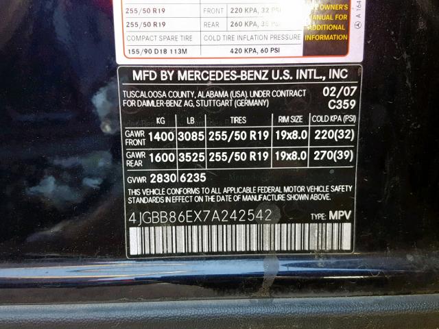 4JGBB86EX7A242542 - 2007 MERCEDES-BENZ ML 350 BLUE photo 10