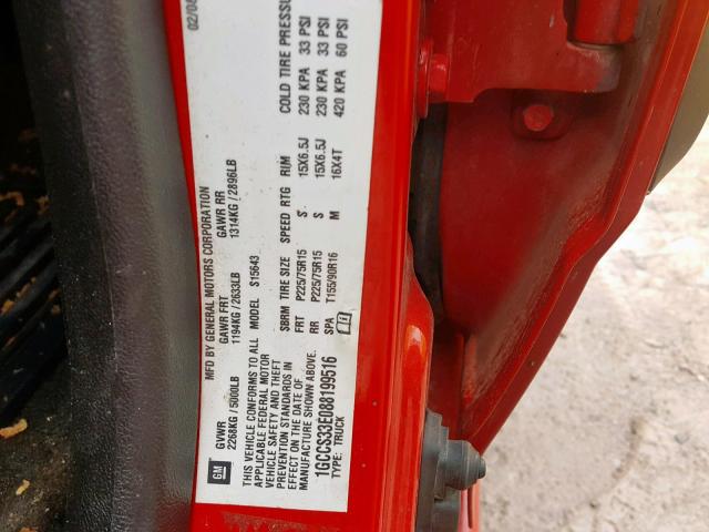 1GCCS33E088199516 - 2008 CHEVROLET COLORADO L RED photo 10