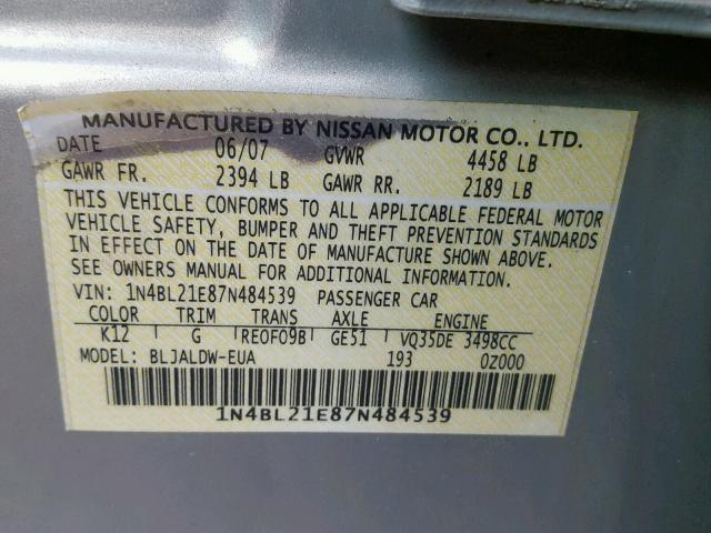 1N4BL21E87N484539 - 2007 NISSAN ALTIMA 3.5 SILVER photo 10