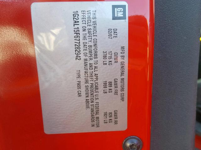 1G2AL15F677282942 - 2007 PONTIAC G5 RED photo 10