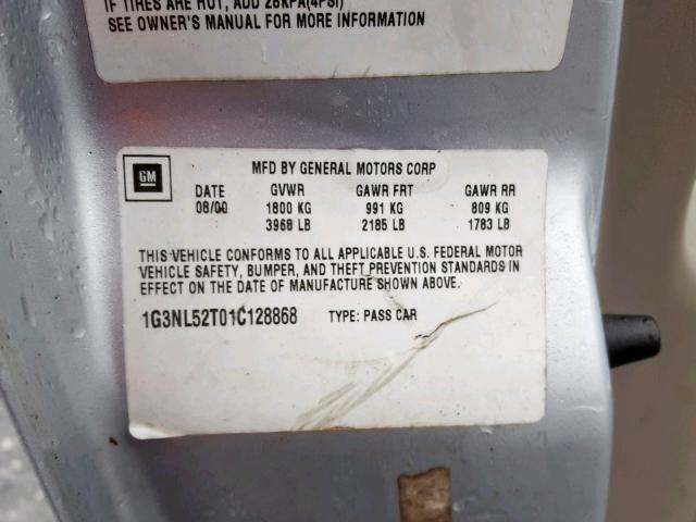 1G3NL52T01C128868 - 2001 OLDSMOBILE ALERO GL SILVER photo 10