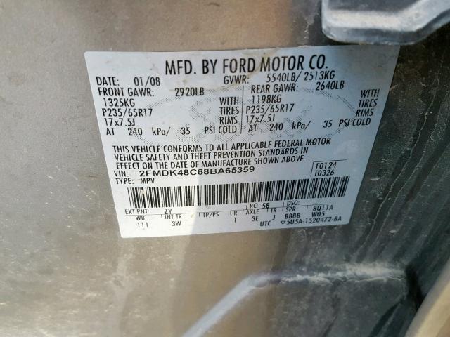 2FMDK48C68BA65359 - 2008 FORD EDGE SEL GRAY photo 10