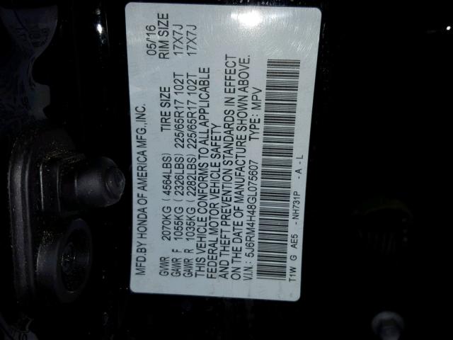 5J6RM4H48GL075607 - 2016 HONDA CR-V SE BLACK photo 10