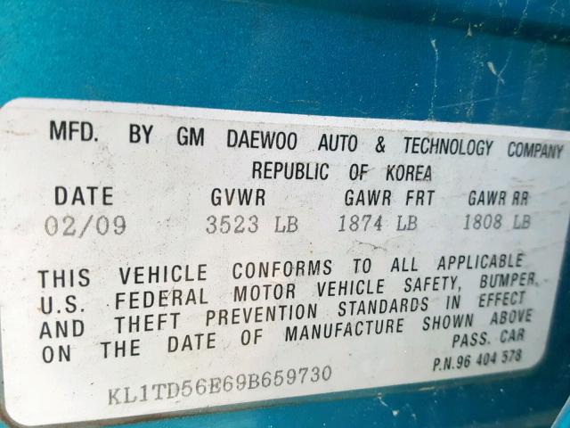 KL1TD56E69B659730 - 2009 CHEVROLET AVEO LS BLUE photo 10