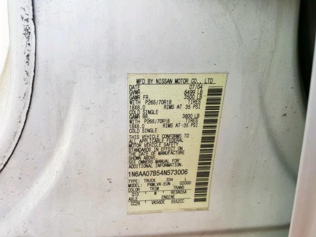 1N6AA07B54N573006 - 2004 NISSAN TITAN WHITE photo 10