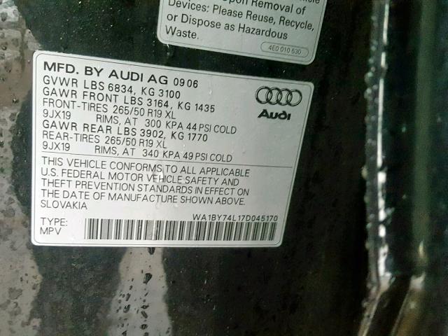 WA1BY74L17D045170 - 2007 AUDI Q7 3.6 QUA BLACK photo 10