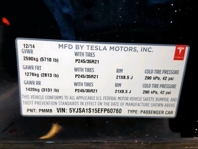 5YJSA1S15EFP60760 - 2014 TESLA MODEL S BLUE photo 10