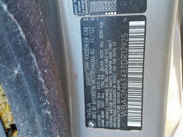 WBAGN63433DR12925 - 2003 BMW 745 LI GRAY photo 10