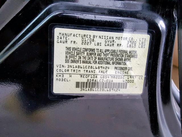 3N1AB61E28L689424 - 2008 NISSAN SENTRA 2.0 BLACK photo 10