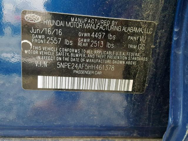 5NPE24AF5HH461378 - 2017 HYUNDAI SONATA SE BLUE photo 10