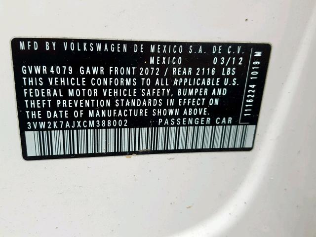 3VW2K7AJXCM388002 - 2012 VOLKSWAGEN JETTA BASE Սպիտակ լուսանկար 10