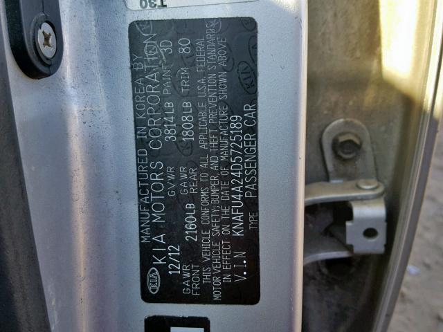 KNAFU4A24D5725189 - 2013 KIA FORTE EX SILVER photo 10