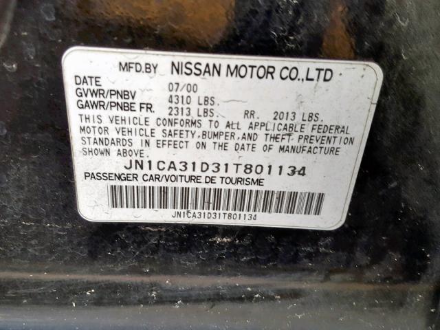 JN1CA31D31T801134 - 2001 NISSAN MAXIMA GXE BLACK photo 10