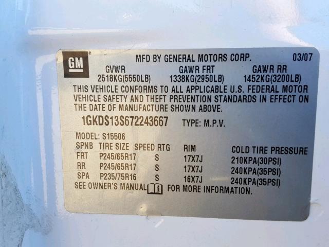 1GKDS13S672243667 - 2007 GMC ENVOY WHITE photo 10