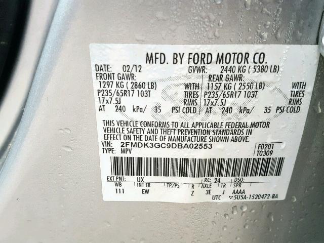 2FMDK3GC9DBA02553 - 2013 FORD EDGE SE SILVER photo 10