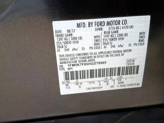 1FM5K7F85HGD78965 - 2017 FORD EXPLORER L BLACK photo 10