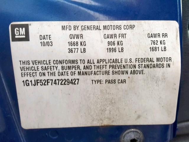 1G1JF52F747229427 - 2004 CHEVROLET CAVALIER L BLUE photo 10