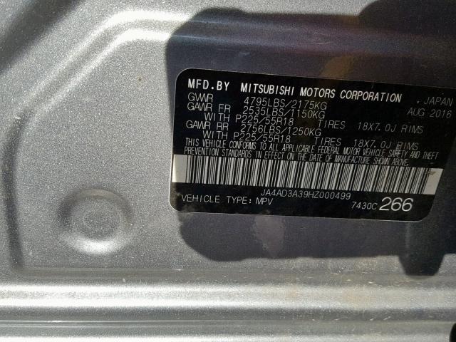 JA4AD3A39HZ000499 - 2017 MITSUBISHI OUTLANDER GRAY photo 10