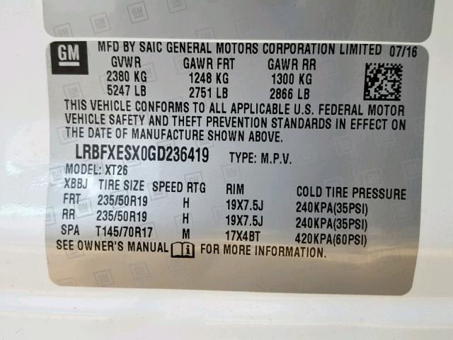 LRBFXESX0GD236419 - 2016 BUICK ENVISION P WHITE photo 10