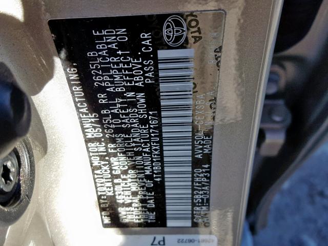 4T1BD1FKXFU171671 - 2015 TOYOTA CAMRY HYBR BEIGE photo 10