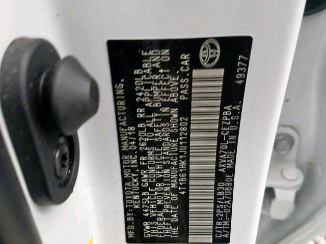 4T1B61HK1JU112802 - 2018 TOYOTA CAMRY XSE WHITE photo 10
