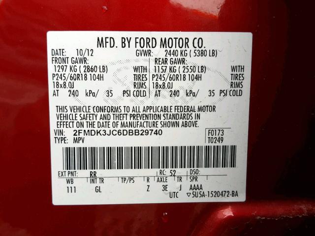 2FMDK3JC6DBB29740 - 2013 FORD EDGE SEL RED photo 10