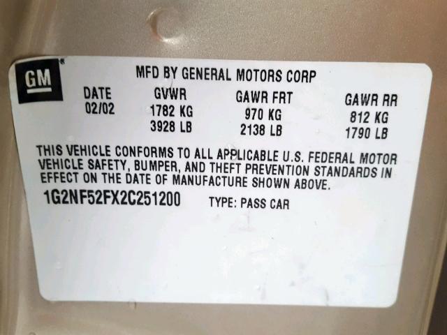 1G2NF52FX2C251200 - 2002 PONTIAC GRAND AM S GOLD photo 10