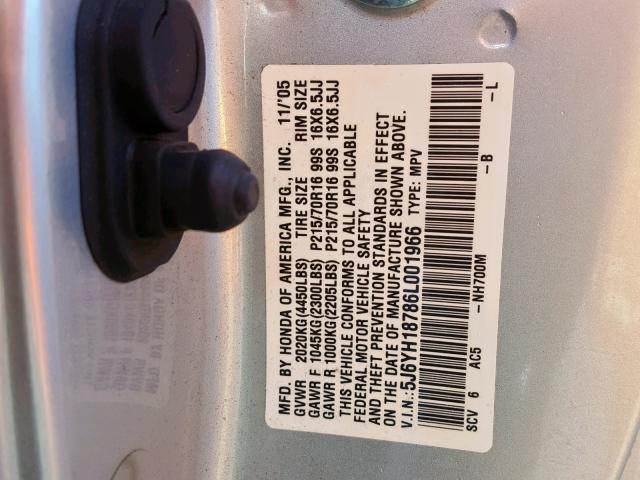 5J6YH18786L001966 - 2006 HONDA ELEMENT EX SILVER photo 10