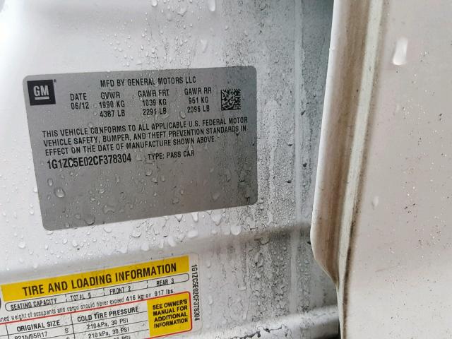 1G1ZC5E02CF378304 - 2012 CHEVROLET MALIBU 1LT WHITE photo 10