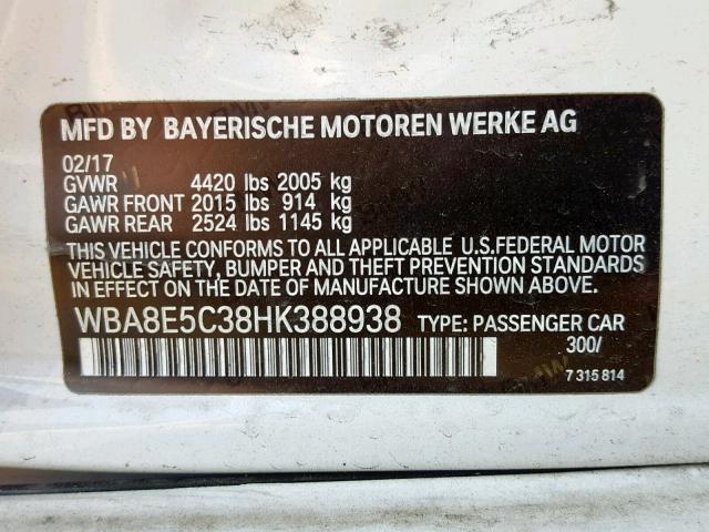 WBA8E5C38HK388938 - 2017 BMW 328 D WHITE photo 10