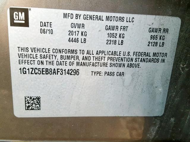 1G1ZC5EB8AF314296 - 2010 CHEVROLET MALIBU 1LT ყავისფერი ფოტო 10