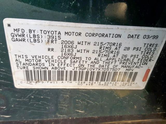 JT3GP10V7X7057507 - 1999 TOYOTA RAV4 GREEN photo 10