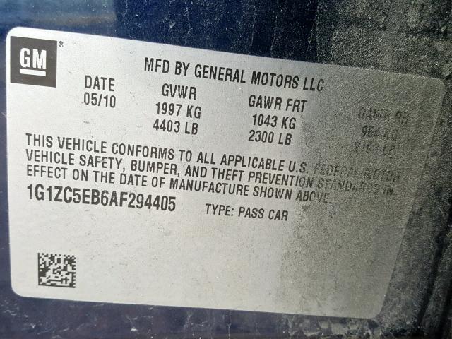 1G1ZC5EB6AF294405 - 2010 CHEVROLET MALIBU 1LT BLUE photo 10