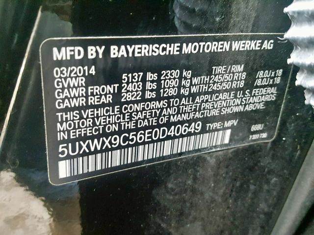 5UXWX9C56E0D40649 - 2014 BMW X3 XDRIVE2 BLACK photo 10