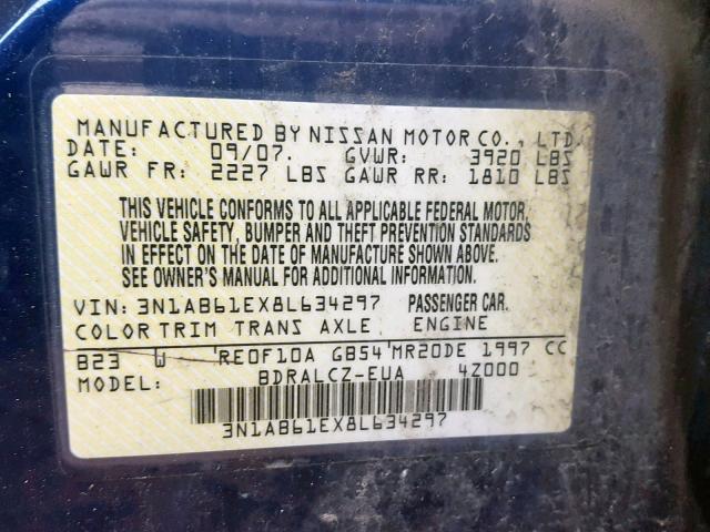 3N1AB61EX8L634297 - 2008 NISSAN SENTRA 2.0 BLUE photo 10