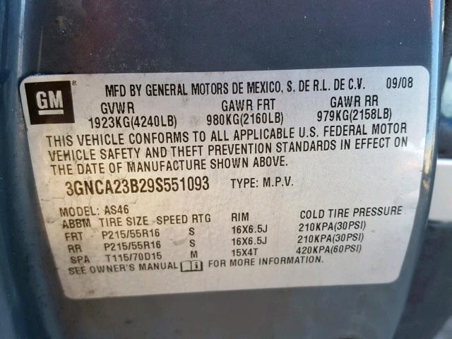 3GNCA23B29S551093 - 2009 CHEVROLET HHR LT GRAY photo 10