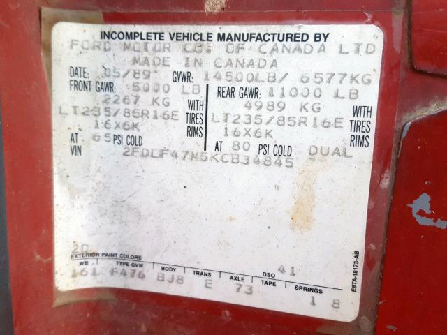 2FDLF47M5KCB34845 - 1989 FORD F SUPER DU RED photo 10