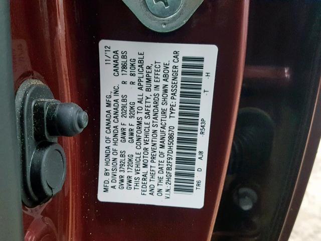 2HGFB2F97DH508670 - 2013 HONDA CIVIC EXL BURGUNDY photo 10