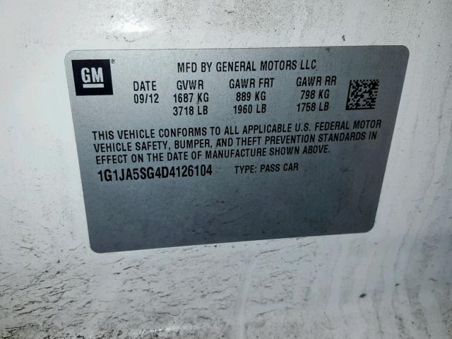 1G1JA5SG4D4126104 - 2013 CHEVROLET SONIC LS 白色 照片 10